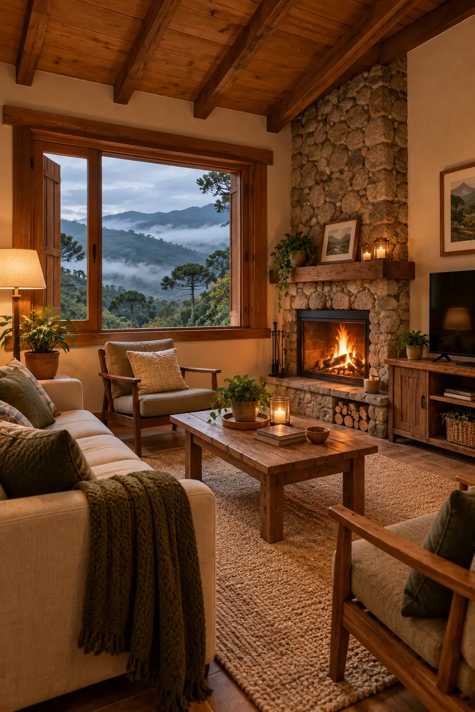 Sala aconchegante de chalé com lareira e vista para as montanhas
